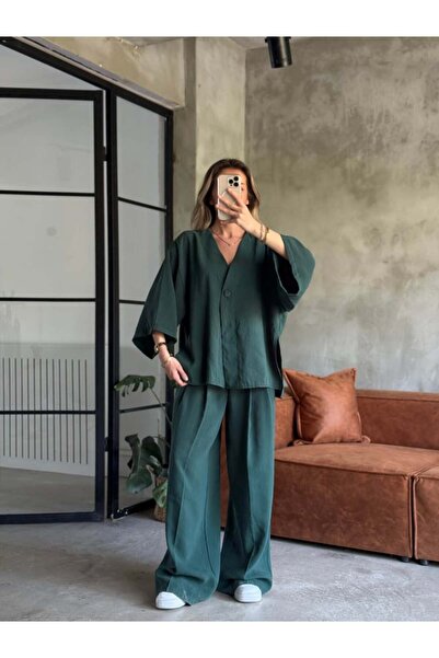 Lavanta Tekstil V Neck Single Button Kimono Pants Suit
