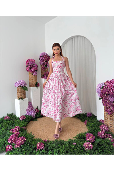 novalook Kadın Çiçek Desenli Askılı Kare Yaka Yazlık Şık Uzun Elbise