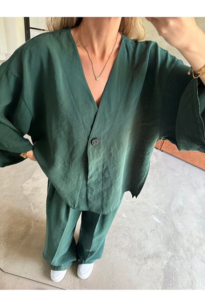 Lavanta Tekstil V Neck Single Button Kimono Pants Suit