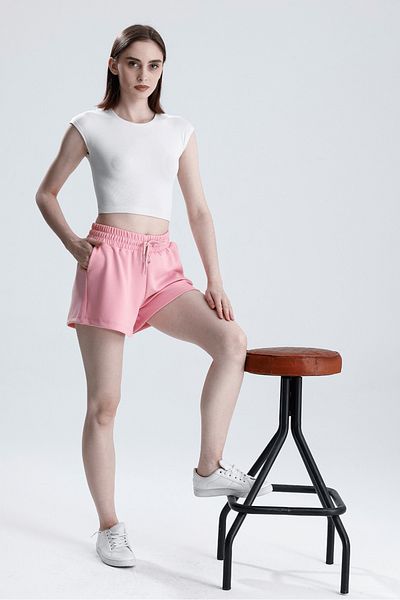 Warasiva Pantaloni scurți roz pentru femei, țesătură modală, cu textura moale, elastică, cu șireturi, cu buzunare duble