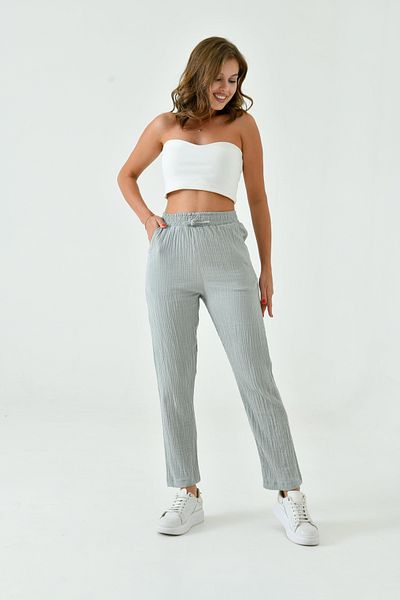 saint majesta Women's Summer Muslin Trousers 100% Cotton Narrow Leg with Pockets (Sm25)