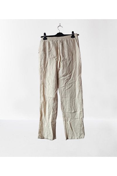 Namaste Vintage Cream Color Beli Lace-Up Pocket Long Leg Muslin Pants (100% Cotton)