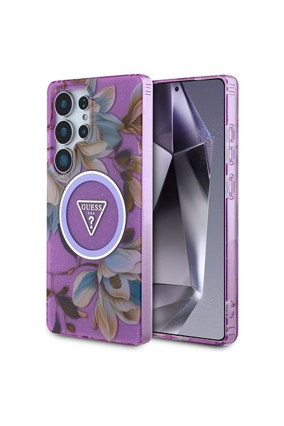 Guess Case for Samsung Galaxy S25 Ultra - Guess IML Metal Glitter Flowers Triangle MagSafe Purple