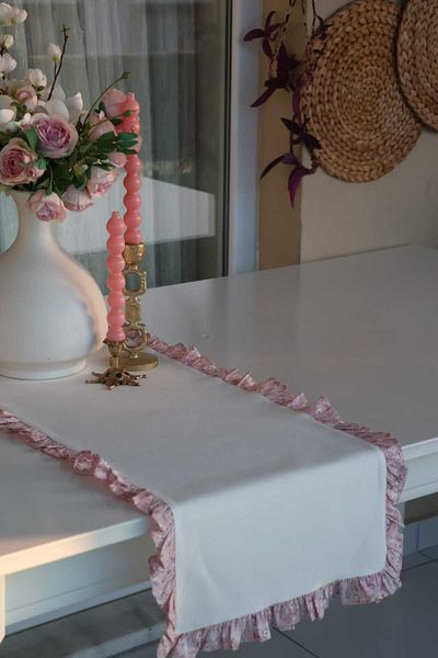 vintagetasarım runner βολάν κρέμα λουλούδι vintage λινό πάπιας 40x130cm