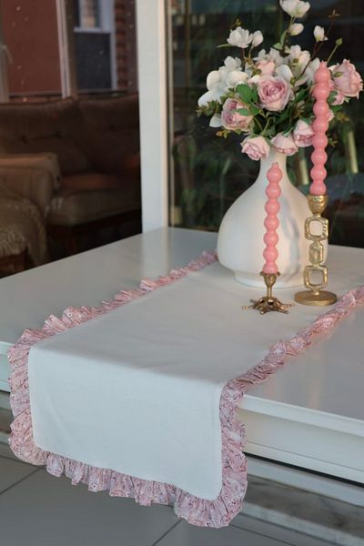 vintagetasarım runner βολάν κρέμα λουλούδι vintage λινό πάπιας 40x130cm