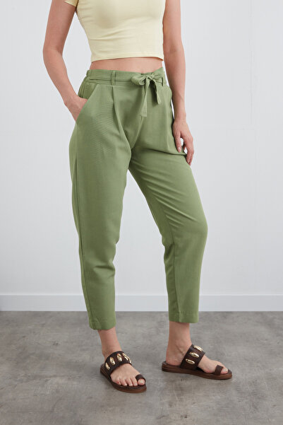 Fulla Moda Straight Linen Trousers with Tie Waist