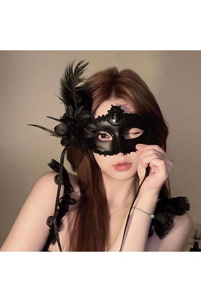 Orkun MANDIRACILAR Black Matte Color Side Feathered Rose Party Prom Venetian Mask