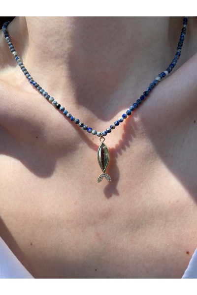 Hora Mavi Apatit Taş Dizili Gold Balık Detaylı Kolye