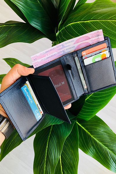 derius Navy Blue Vertical Model Genuine Leather Name Printed Men's Wallet (Convenient Model)
