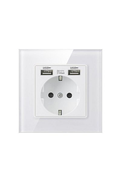 TECHSTAR ® Crystal TSU1 Socket, Single, 2 x USB, 2.1A, Frost White Color, Tempered Glass, 16A