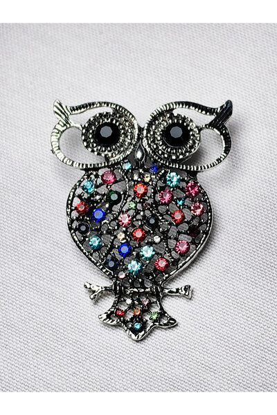 mim eşarp Renkli Taşlı Gümüş Baykuş Figürlü Broş – Şık Kadın Aksesuarı