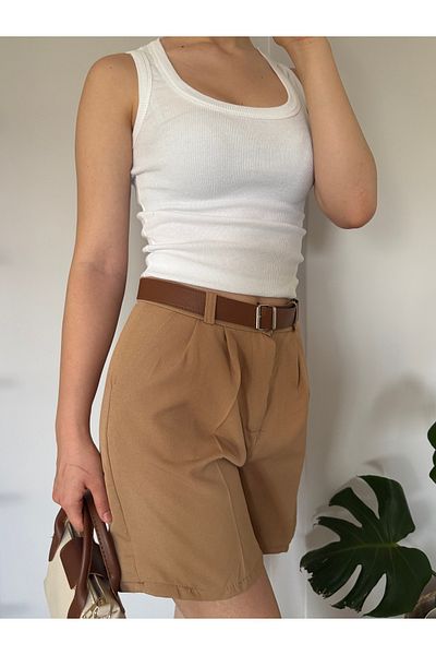 sielta High Waist Belt Pocket Detail Cotton Relaxed Fit Shorts
