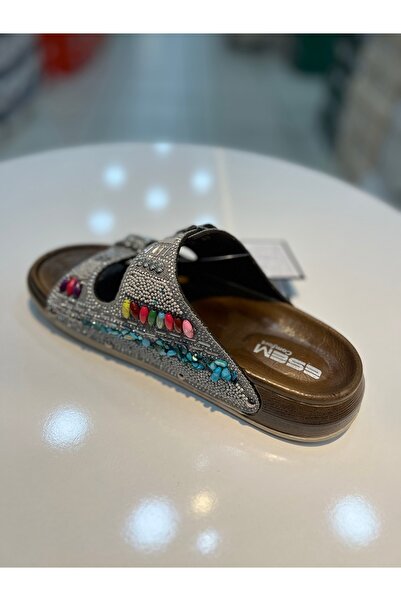 Akınal Bella Κομψές γυναικείες φλατ παντόφλες Esem με διπλή πόρπη και πέτρες