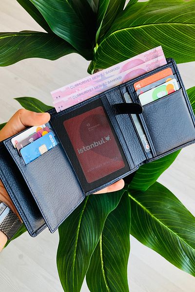 derius Navy Blue Vertical Model Genuine Leather Name Printed Men's Wallet (Convenient Model)