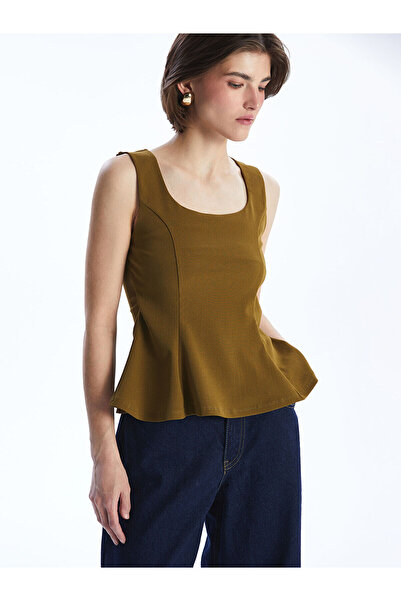 LC Waikiki LCW Vision Khaki Square Neck Peplum Blouse