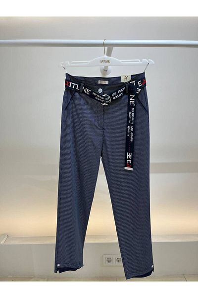 EXİTLİNE Women's Summer Striped Fabric Belted Navy Blue Trousers
