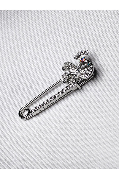 mim eşarp Taş Süslemeli Fiyonk Detaylı Gümüş Renk Çengelli İğne Broş
