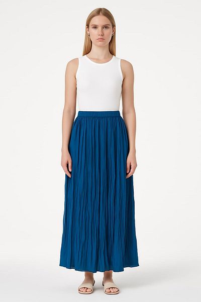 enmodaiçgiyim Fusta lungă pliată de bază pentru femei - Blue Relaxed Fit
