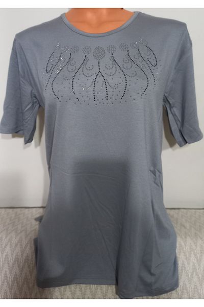 Anne Er Clothing Mother Summer Short-Sleeve Combed Cotton Blouse Crew Neck Stone Gray