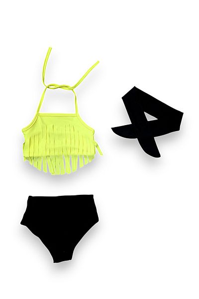 Lolliboomkids Girl's Neon Yellow Color Tasseled Bikini Set with Bandana Set of 3