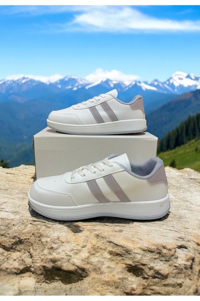 Trendova White-Grey Two-Striped Unisex Daily Light Sole Sneaker Sports Shoes