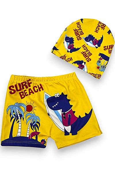 Lolliboomkids Boy's Navy Blue Color Dinosaur Patterned Hipster Model Checkered Swimsuit Set