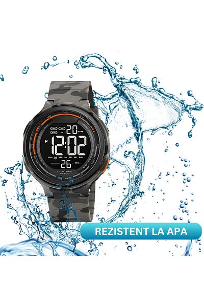 AZ PRODUCTS Ceas Digital Copii 9+, LED, Rezistent la Apă, Alarmă, Cronometru, Calendar – Camo Gri