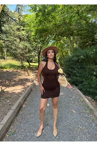 mekabutik Brown Halter Neck Basic Dress