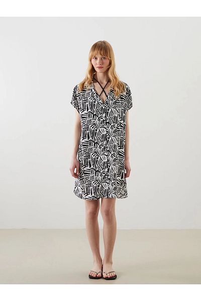 LC Waikiki Lcw Dream Black Shirt Collar Print Women's Beach Dress
