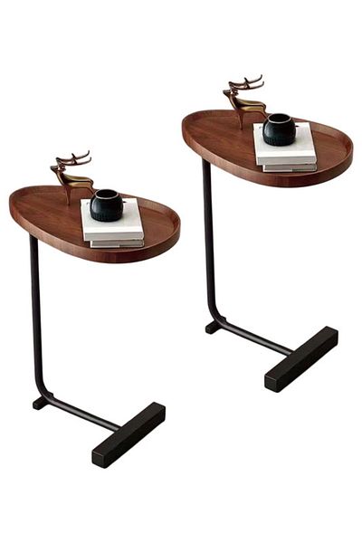 Generic 2-Pieces Modern Coffee Table | C-Shaped Side Table with Brown Wood Top and Black Metal Frame