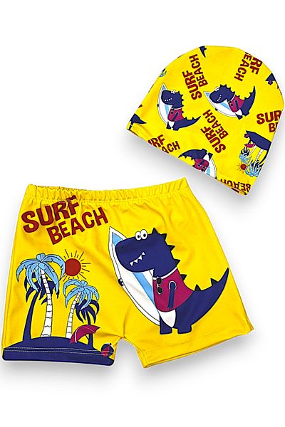 Lolliboomkids Boy's Navy Blue Color Dinosaur Patterned Hipster Model Checkered Swimsuit Set