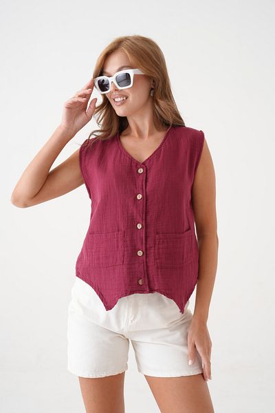 saint majesta Women's Muslin Pocket Vest Blouse 100% Cotton Front Buttoned (Sm25)