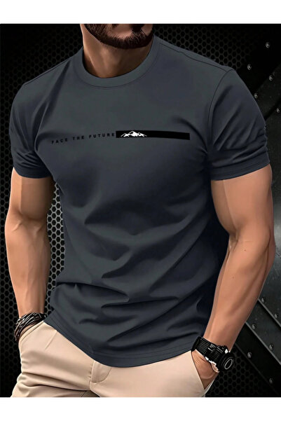 Erkek Özel Baskılı Günlük Kısa Kol Bisiklet Yaka Pamuklu T-Shirt