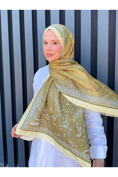 Mira İpek Retro Pattern Cotton Shawl Oil Green