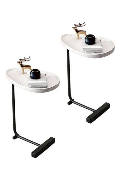 Generic 2-Pieces Modern Coffee Table | C-Shaped Side Table with White Wood Top and Black Metal Frame