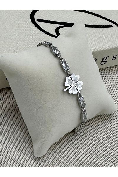 DEEPWELL Silver Color Clover Pattern Women's Steel Bracelet Dbw011