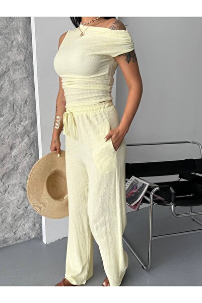 ILLE Asymmetrical Boat Neck Blouse Pants Set