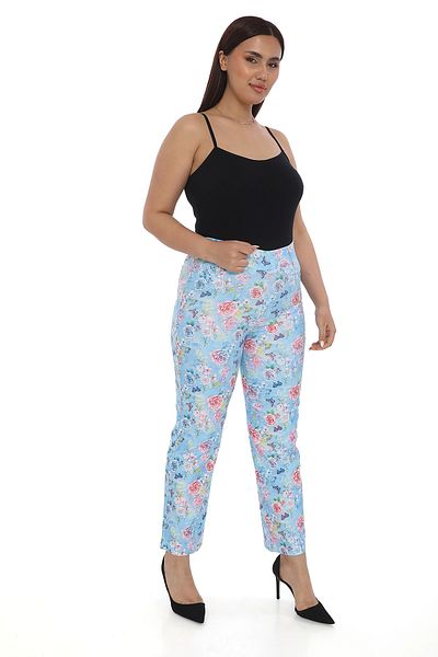 EXİTLİNE Women's Summer Floral Rose Printed Blue Trousers