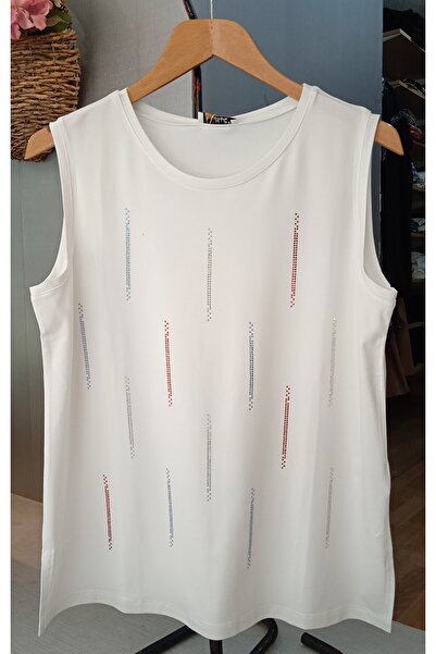 Whip Design WHİP DESİNG Büyük Beden Renkli Taşlı Ekru Renk Kolsuz Bluz
