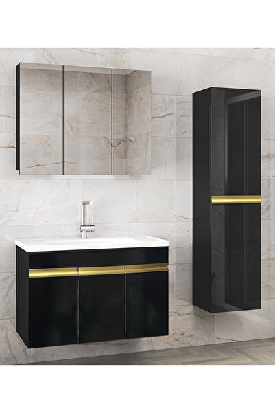 Alfa Banyo Viola3-ASGOLD 100 +35 cm Seramik Lavabolu Banyo Dolabı Seti, Boy dolaplı banyo dolabı