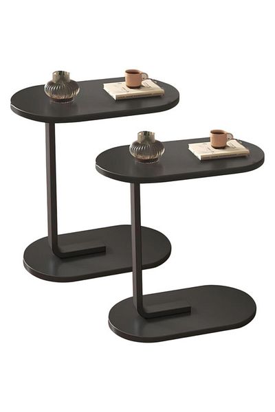 Generic 2-Pieces Modern Coffee Table | C-Shaped Side Table with Black Wood Top and Black Metal Frame