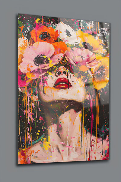 glassartdesign Pictură pe sticlă cu buze roșii și trandafiri-Pictură modernă-...