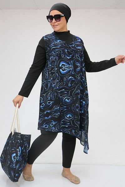Eslina 1723 Plus Size Long Sleeve Chiffon Pareo Hijab Swimsuit Suit-Aqua Blue