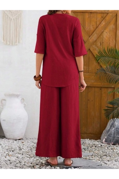 Modayakamoz Γυναικείο κοντομάνικο V γιακά με κουμπιά μπλούζα και παντελόνι διπλό κοστούμι