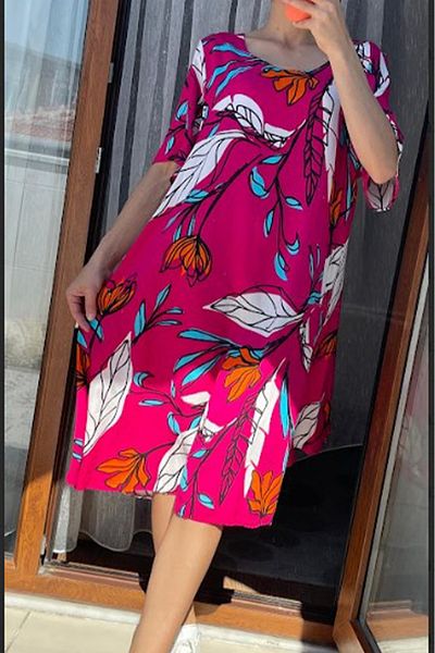 AYASOFYA OTANTIK Women's Fuchsia Round Neck Pocket Retro Pattern Short Sleeve Loose Midi Dress