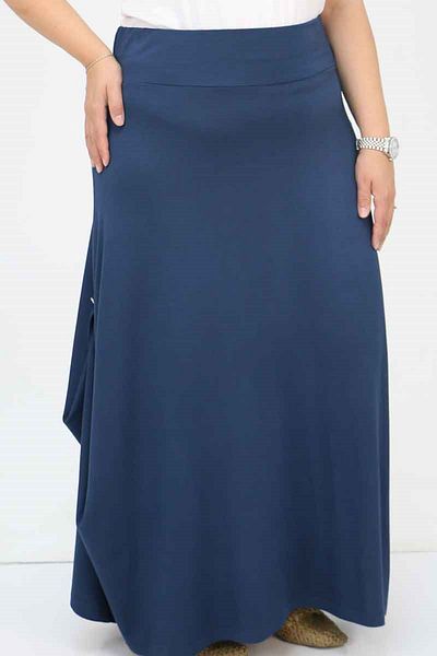 Eslina 55001 Large Size Combed Cotton Skirt with Side Buttons - Navy Blue