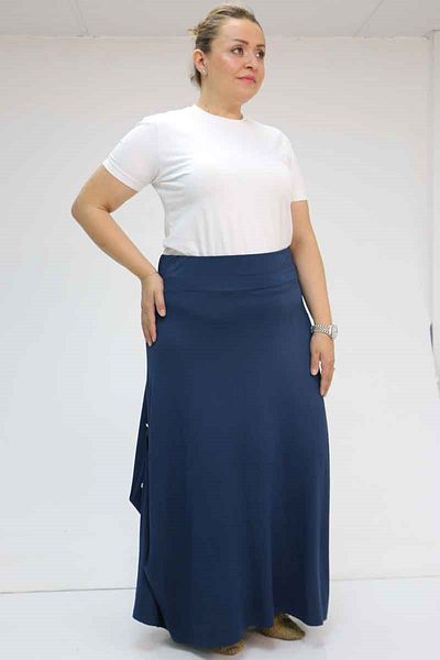 Eslina 55001 Large Size Combed Cotton Skirt with Side Buttons - Navy Blue