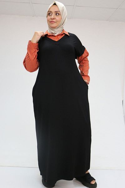 Eslina 52018 Large Size Collar and Sleeves Combination Combed Cotton Dress - Black-Tile