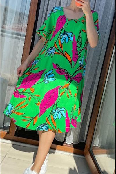 AYASOFYA OTANTIK Women's Light Green Round Neck Pocket Retro Pattern Short Sleeve Loose Midi Dress