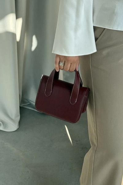 LEONAS Small Size Women's Hand and Shoulder Bag Wora Claret Red with Stitching Detail